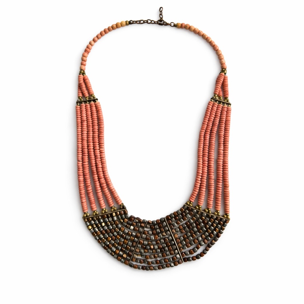 Boho Coral Beaded Statement Necklace | Artisan Bib | Mixed Metal Tribal Jewelry